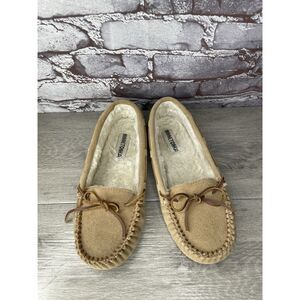 Minnetonka Cally Suede Faux Fur Lined Slip On Slippers Women Sz 10M US/41EU 4052